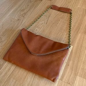 J. Crew Tan Leather Envelope Purse with Gold Chain